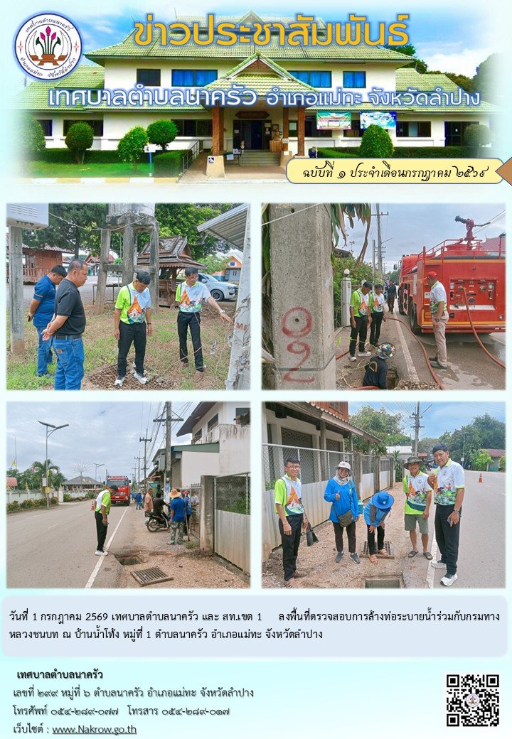 ลงพื้นที่่ตรวจสอบการล้างท่อระบายน้ำร่วมกับกรมทางหลวงชนบท ณ บ้านน้ำโท้ง หมู่ที่ 1 ตำบลนาครัว อำเภอแม่ทะ จังหวัดลำปาง